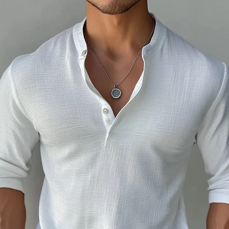 Men's Solid Cotton And Linen Henley Collar Long Sleeve Casual Shirt 05275407Z sold by Manly product image thumbnail 3