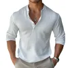 Men's Solid Cotton And Linen Henley Collar Long Sleeve Casual Shirt 05275407Z sold by Manly