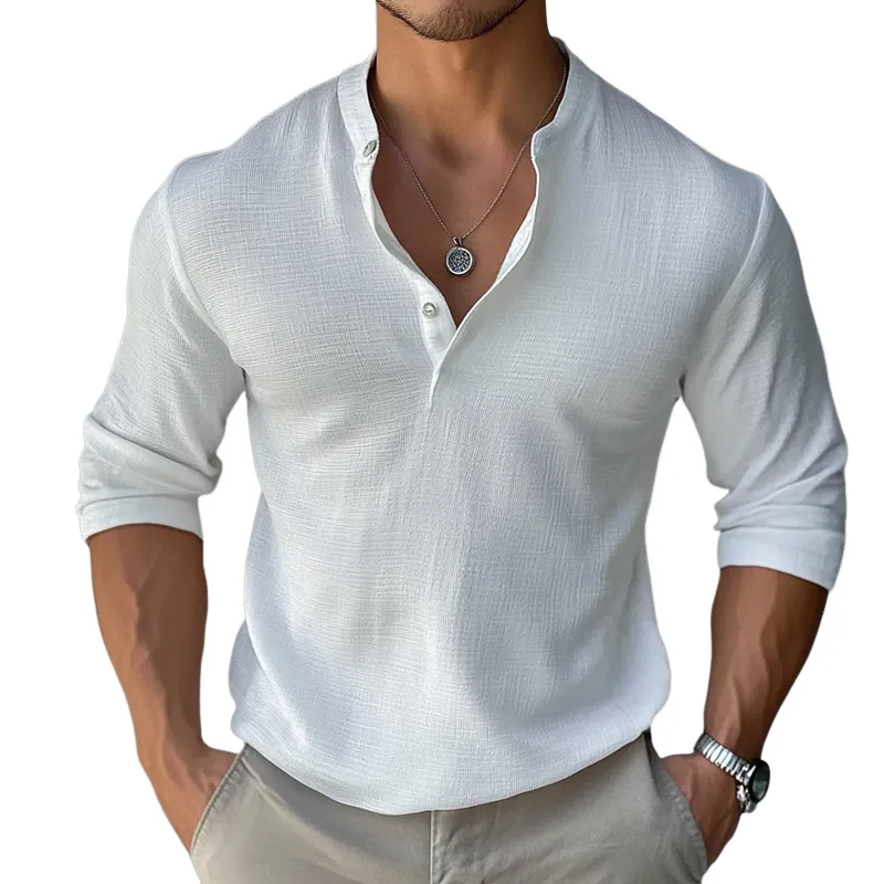 Men's Solid Cotton And Linen Henley Collar Long Sleeve Casual Shirt 05275407Z sold by Manly