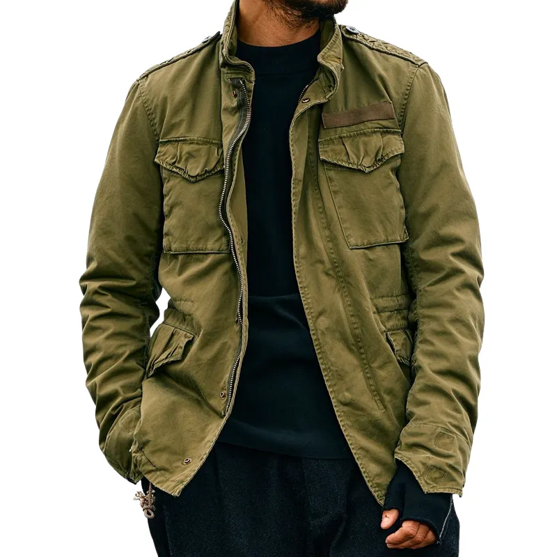 Men's Outdoor Washed Cotton Stand Collar Multi-pocket Cargo Jacket 56089905Z sold by Manly