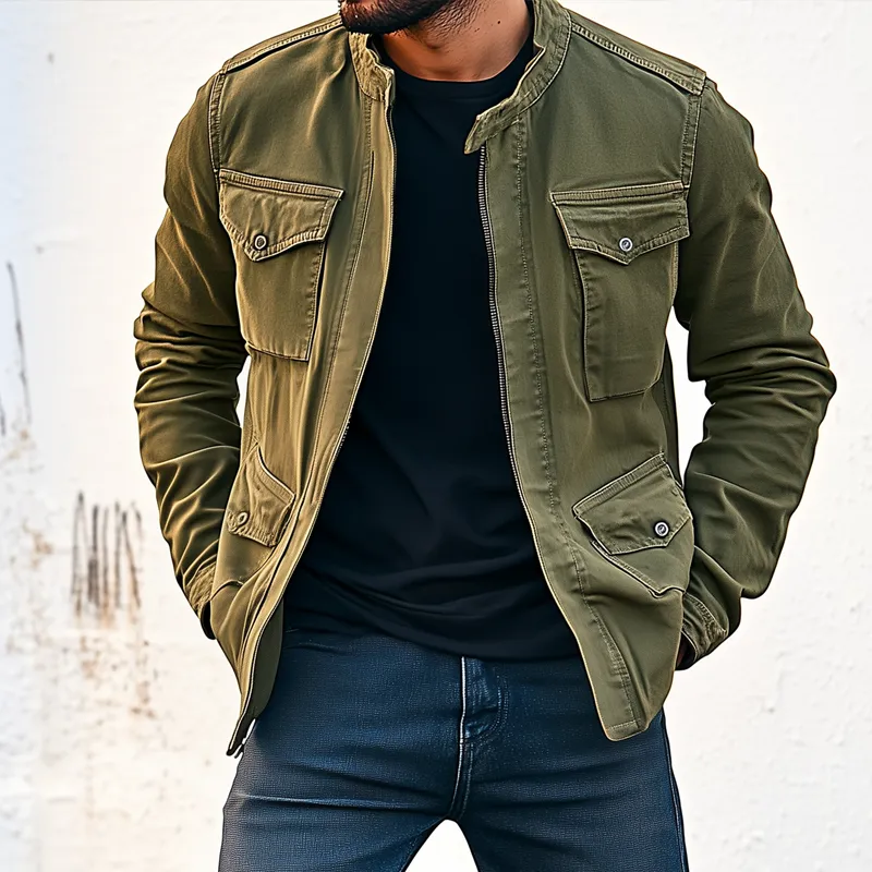 Men's Outdoor Washed Cotton Stand Collar Multi-pocket Cargo Jacket 80775169Z sold by Manly product image thumbnail 2