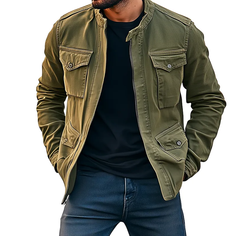 Men's Outdoor Washed Cotton Lapel Multi-pocket Cargo Jacket