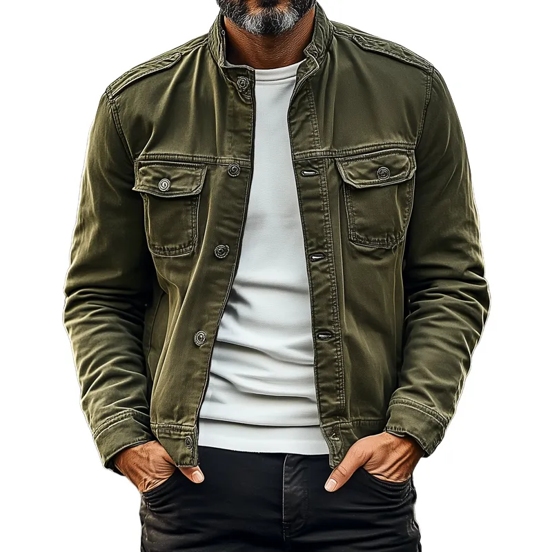 Men's Outdoor Washed Cotton Stand Collar Multi-pocket Cargo Jacket 33200250Z sold by Manly