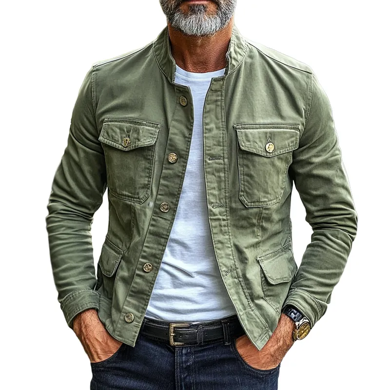 Men's Retro Solid Color Stand Collar Multi-pocket Single Breasted Cargo Jacket 76262227Z sold by Manly