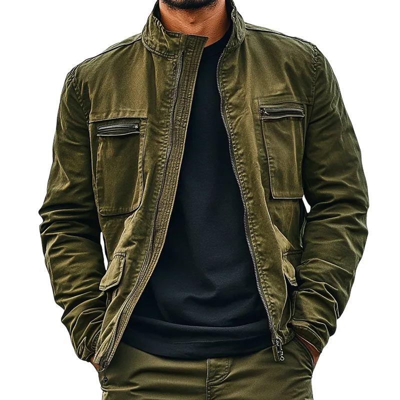 Men's Outdoor Washed Cotton Stand Collar Multi-pocket Cargo Jacket 78452569Z sold by Manly