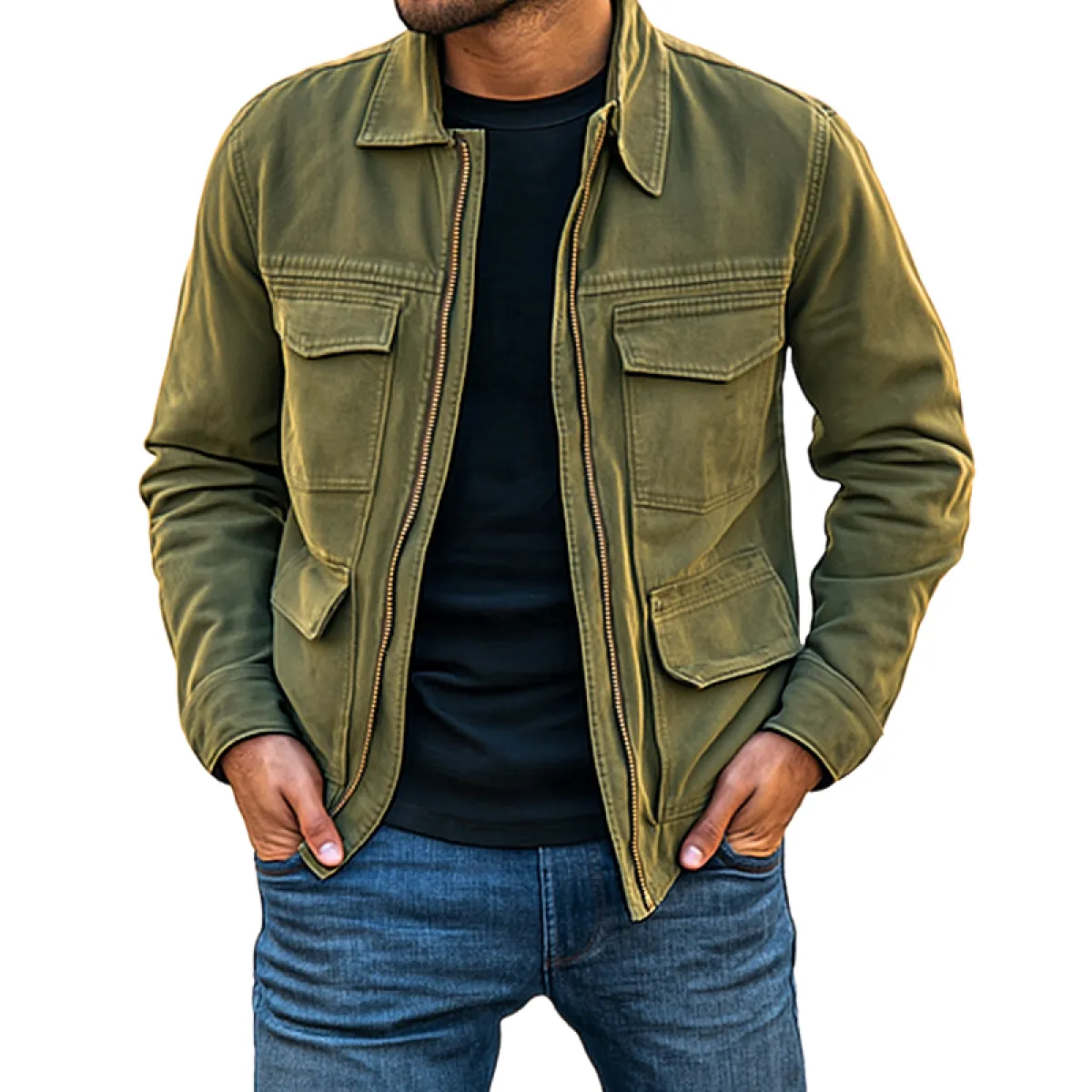 Men's Outdoor Washed Cotton Lapel Multi-pocket Cargo Jacket