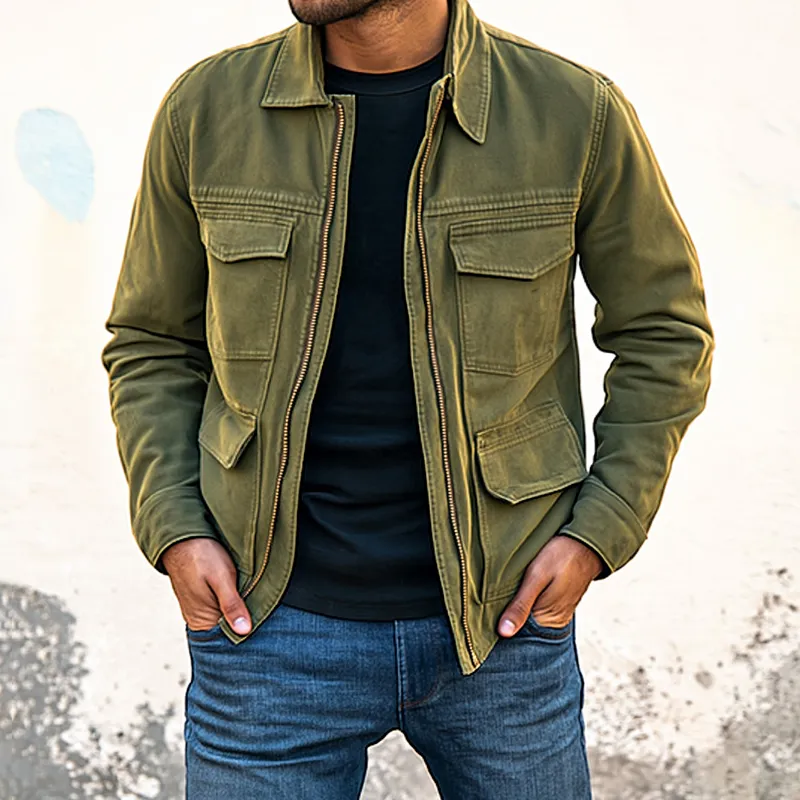Men's Outdoor Washed Cotton Lapel Multi-pocket Cargo Jacket