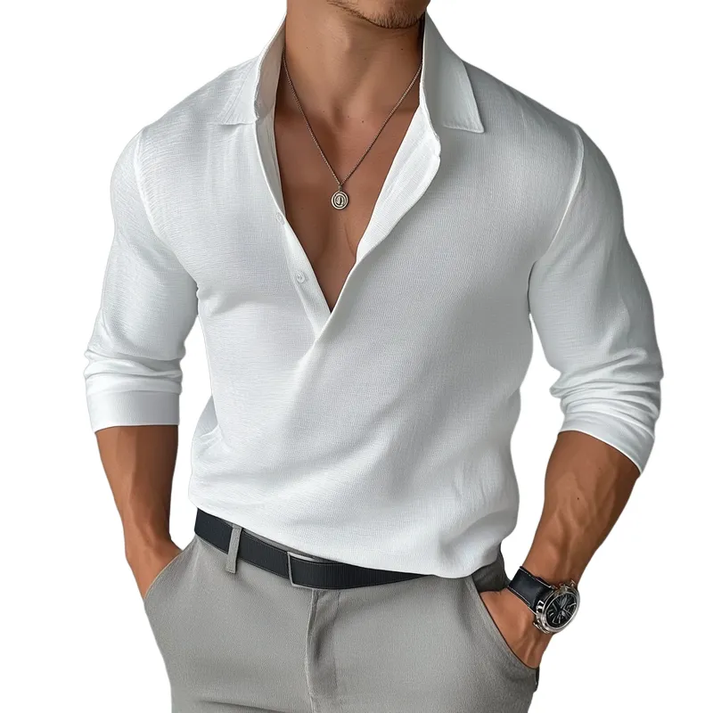 Men's Solid Color Cotton Lapel Long Sleeve Polo Shirt 09758440Z sold by Manly