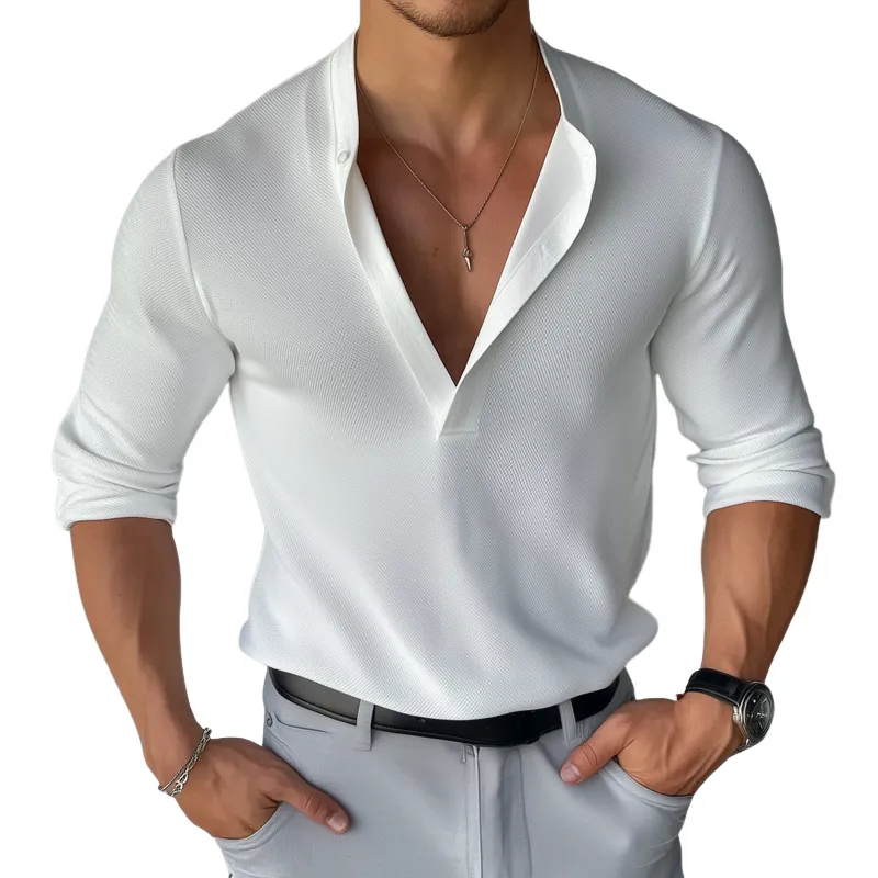 Men's Solid Color Henley Collar Long Sleeve Casual T-shirt 52710249Z sold by Manly