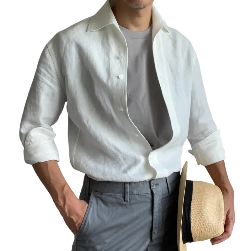 Men's Solid Color Cotton And Linen Lapel Long Sleeve Casual Shirt 24438354Z sold by Manly