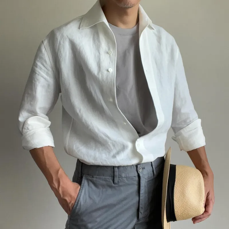 Men's Solid Color Cotton And Linen Lapel Long Sleeve Casual Shirt 24438354Z sold by Manly product image thumbnail 2