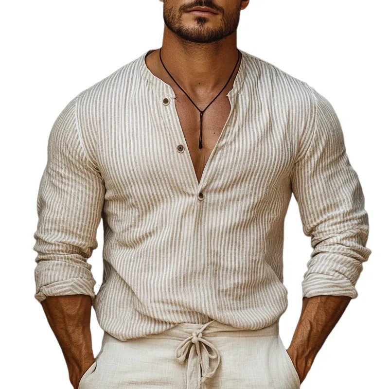Men's Striped Cotton And Linen Henley Collar Long Sleeve Shirt 96522301Z sold by Manly