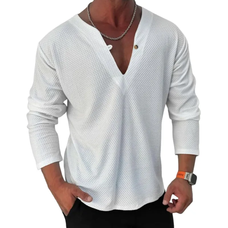 Men's Solid Color Textured V Neck Long Sleeve Casual T-shirt 30176410Z sold by Manly