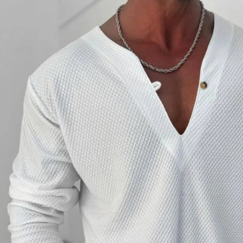 Men's Solid Color Textured V Neck Long Sleeve Casual T-shirt 30176410Z sold by Manly product image thumbnail 3