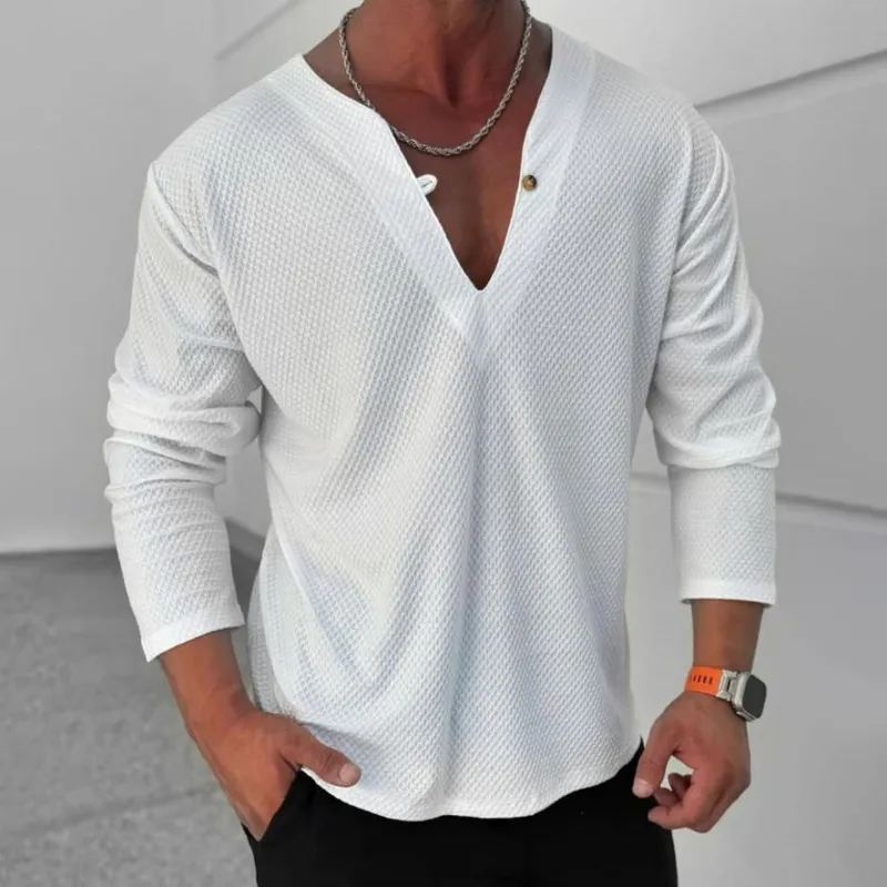 Men's Solid Color Textured V Neck Long Sleeve Casual T-shirt 30176410Z sold by Manly product image thumbnail 2