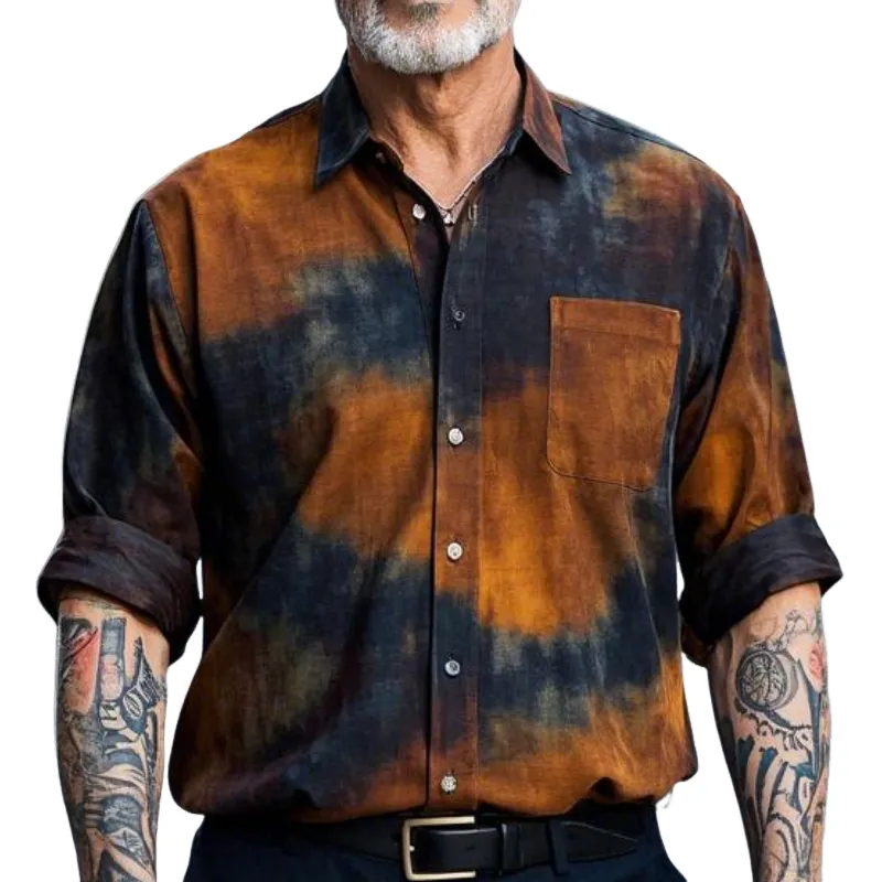Men's Casual Vintage Lapel Tie-dye Printed Cotton Blend Long-sleeved Shirt 65205457F sold by Manly