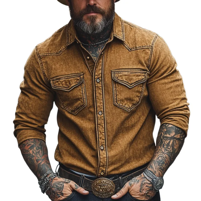 Men's Vintage Casual Lapel Denim Long Sleeve Shirt 60981742F sold by Manly