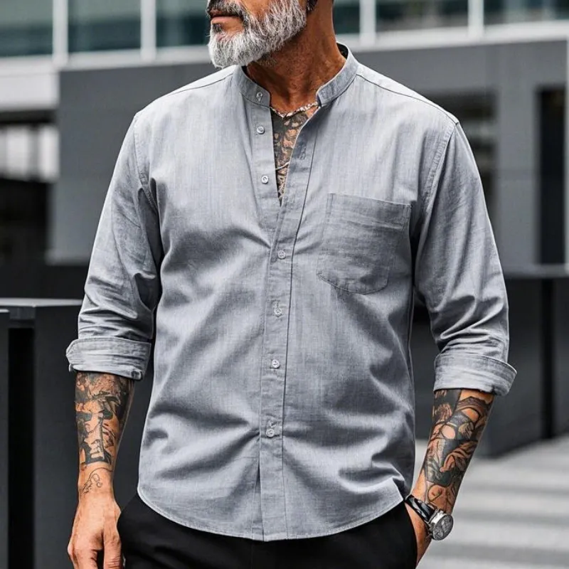 Men's Casual Vintage Collarless Cotton Blend Long Sleeve Shirt 27519718F sold by Manly product image thumbnail 2