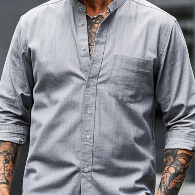 Men's Casual Vintage Collarless Cotton Blend Long Sleeve Shirt 27519718F sold by Manly product image thumbnail 3