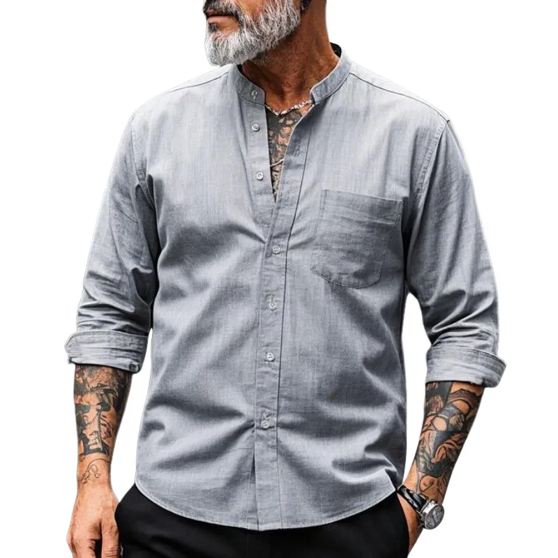 Men's Casual Vintage Collarless Cotton Blend Long Sleeve Shirt 27519718F sold by Manly