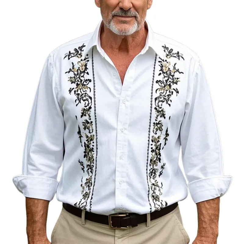 Men's Vintage Classic Lapel Cotton Blend Embroidered Long Sleeve Shirt 24696426F sold by Manly