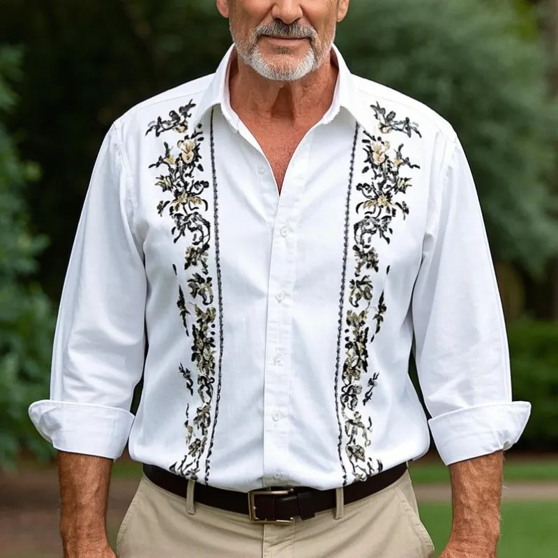 Men's Vintage Classic Lapel Cotton Blend Embroidered Long Sleeve Shirt 24696426F sold by Manly product image thumbnail 2