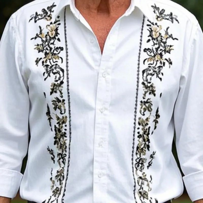 Men's Vintage Classic Lapel Cotton Blend Embroidered Long Sleeve Shirt 24696426F sold by Manly product image thumbnail 3