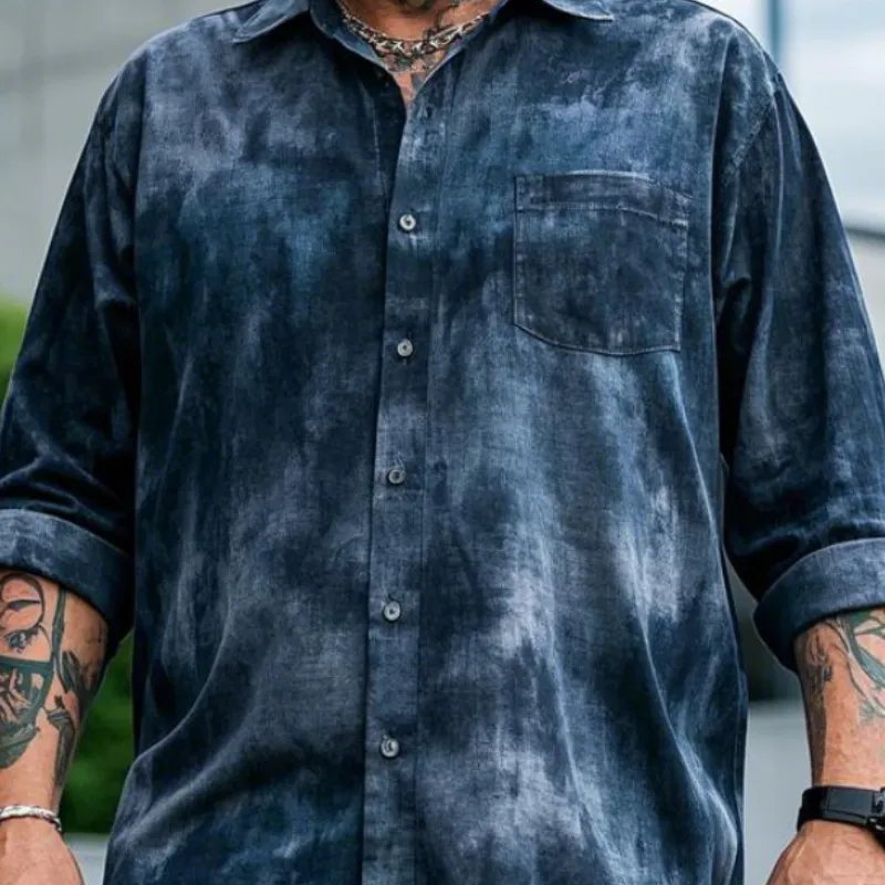 Men's Casual Vintage Lapel Tie-dye Printed Cotton Blend Long-sleeved Shirt 22908202F sold by Manly product image thumbnail 3