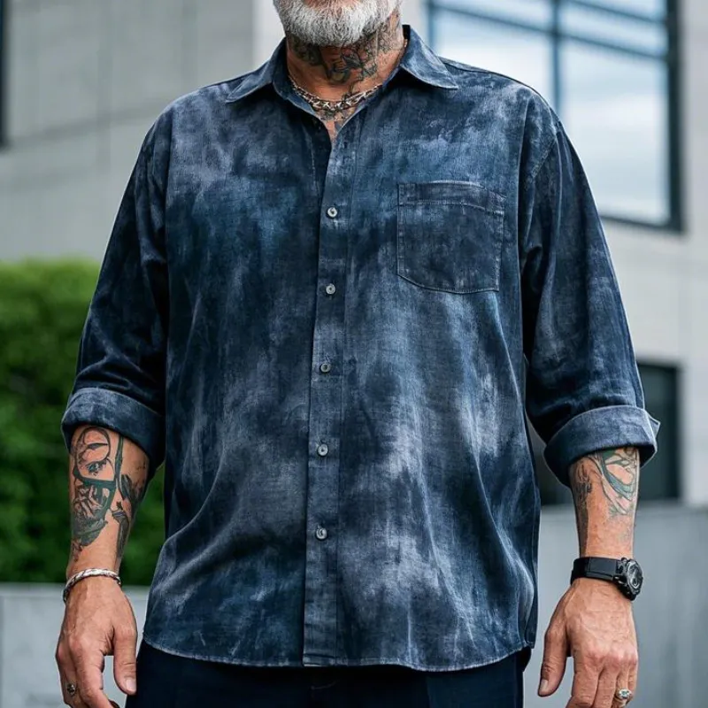 Men's Casual Vintage Lapel Tie-dye Printed Cotton Blend Long-sleeved Shirt 22908202F sold by Manly product image thumbnail 2