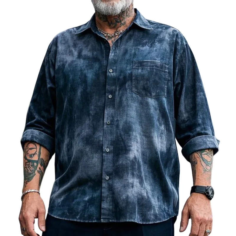 Men's Casual Vintage Lapel Tie-dye Printed Cotton Blend Long-sleeved Shirt 22908202F sold by Manly