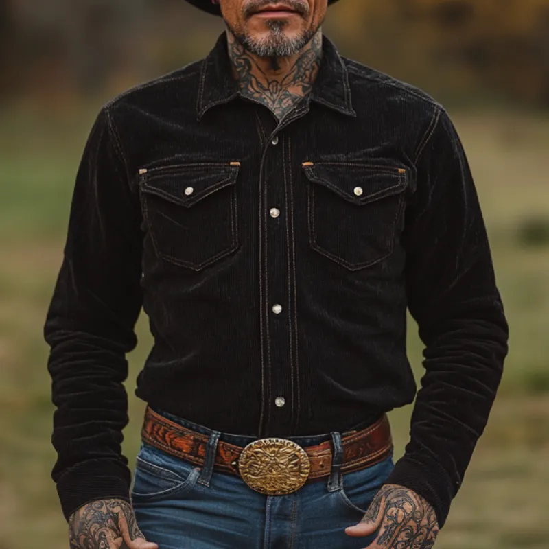 Men's Casual Vintage Lapel Corduroy Long-sleeved Shirt 28141216F sold by Manly product image thumbnail 2