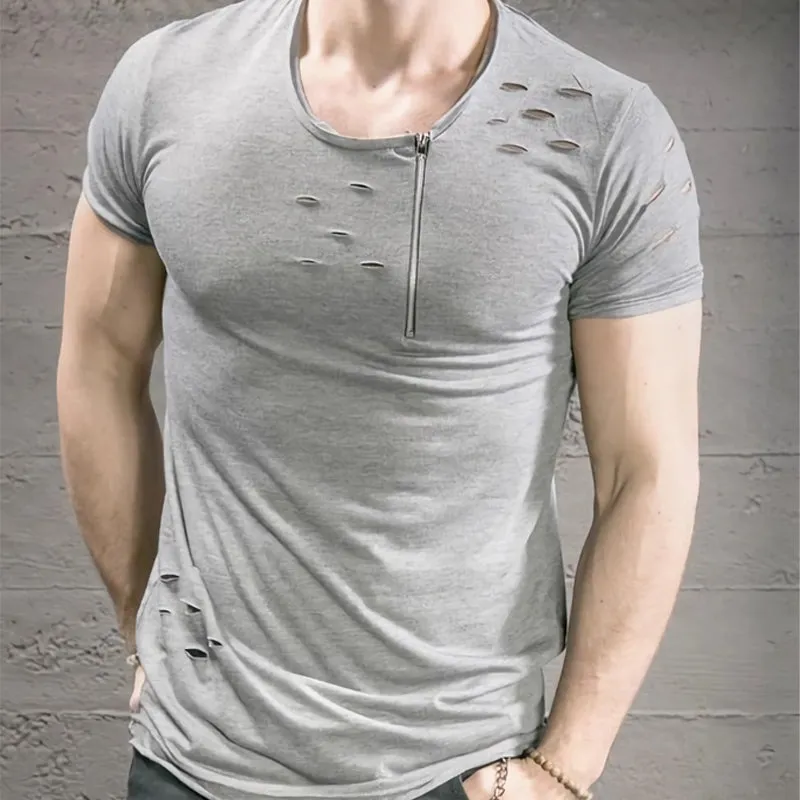 Men's Slim Fit Light Grey Cotton Ripped Round Neck Short Sleeve T-shirt 08582652U sold by Manly product image thumbnail 2
