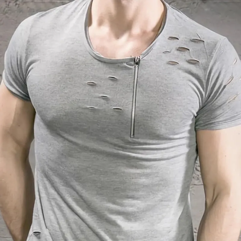 Men's Slim Fit Light Grey Cotton Ripped Round Neck Short Sleeve T-shirt 08582652U sold by Manly product image thumbnail 3