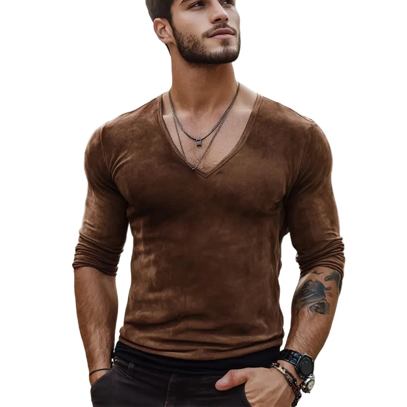 Men's Slim Fit Deep V Suede Long Sleeve T-Shirt 19089733U sold by Manly product image thumbnail 3