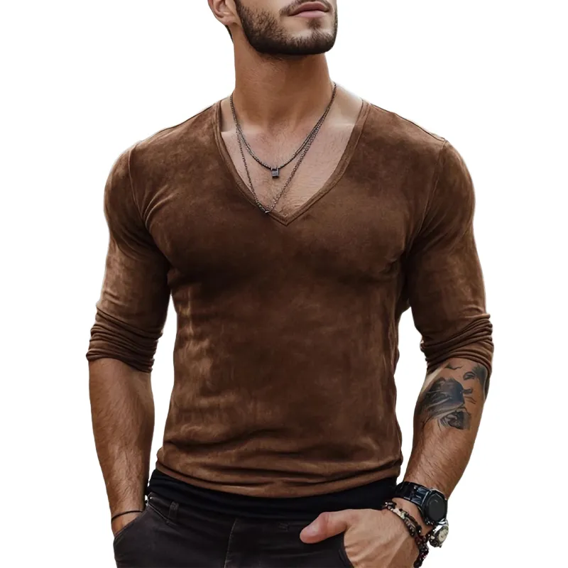 Men's Slim Fit Deep V Suede Long Sleeve T-Shirt 19089733U sold by Manly