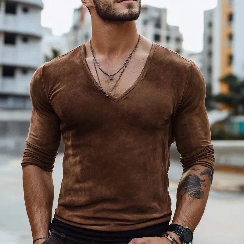 Men's Slim Fit Deep V Suede Long Sleeve T-Shirt 19089733U sold by Manly product image thumbnail 2