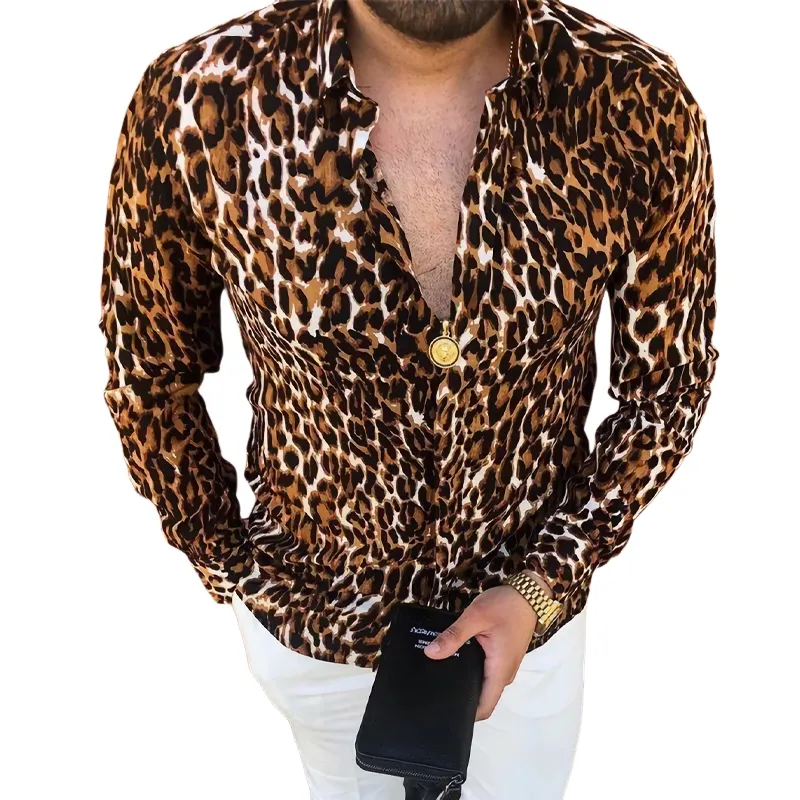 Men's Casual Leopard Print Lapel Zipper Long Sleeve Shirt 67960456U sold by Manly