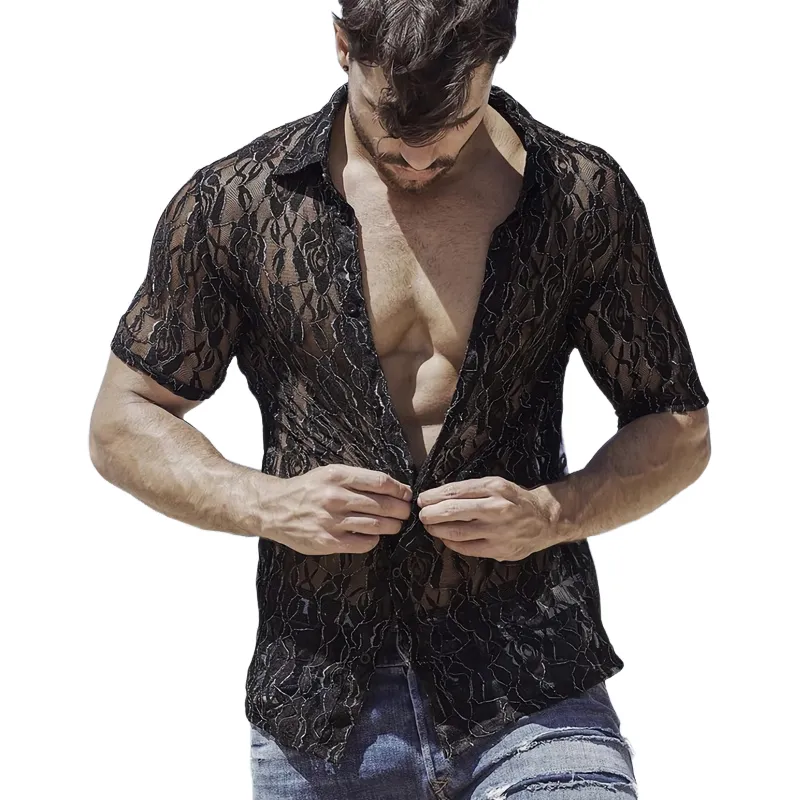Men's Black Cool Transparent Sexy Jacquard Short-sleeved Shirt 77693402U sold by Manly