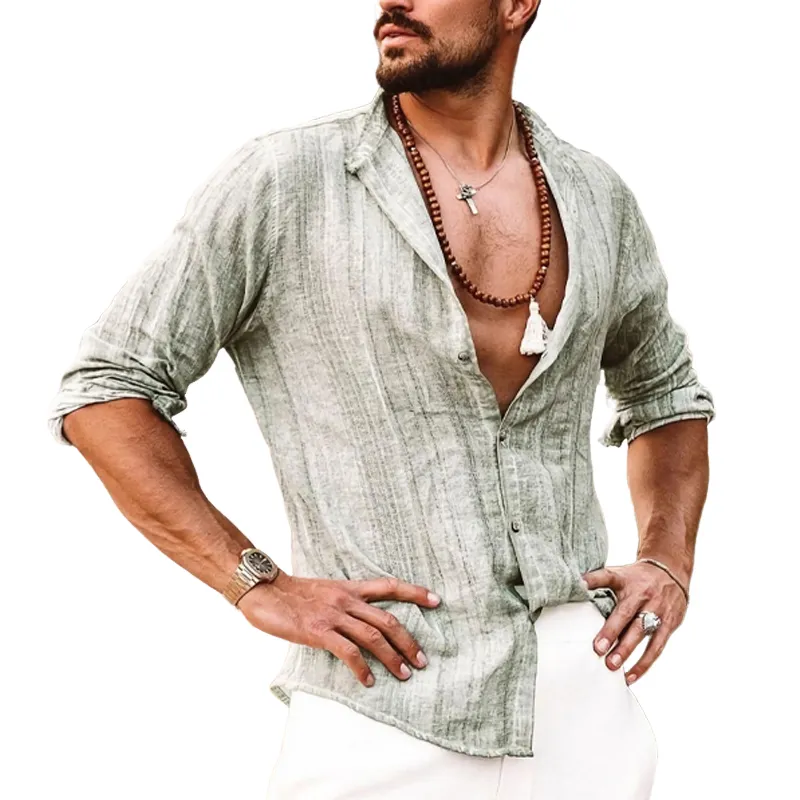 Men's Light Green Vertical Striped Wrinkled Long Sleeve Shirt 44963383U sold by Manly