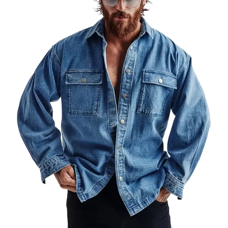 Men's Casual Loose Blue Denim Washed Long Sleeve Shirt 30929355U sold by Manly