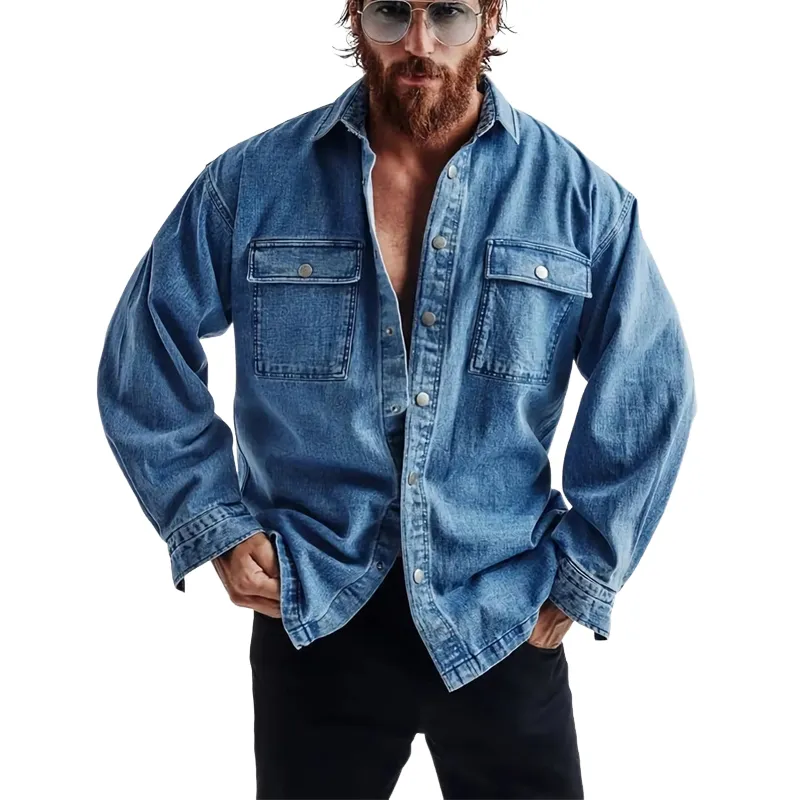 Men's Casual Loose Blue Denim Washed Long Sleeve Shirt 30929355U sold by Manly product image thumbnail 2