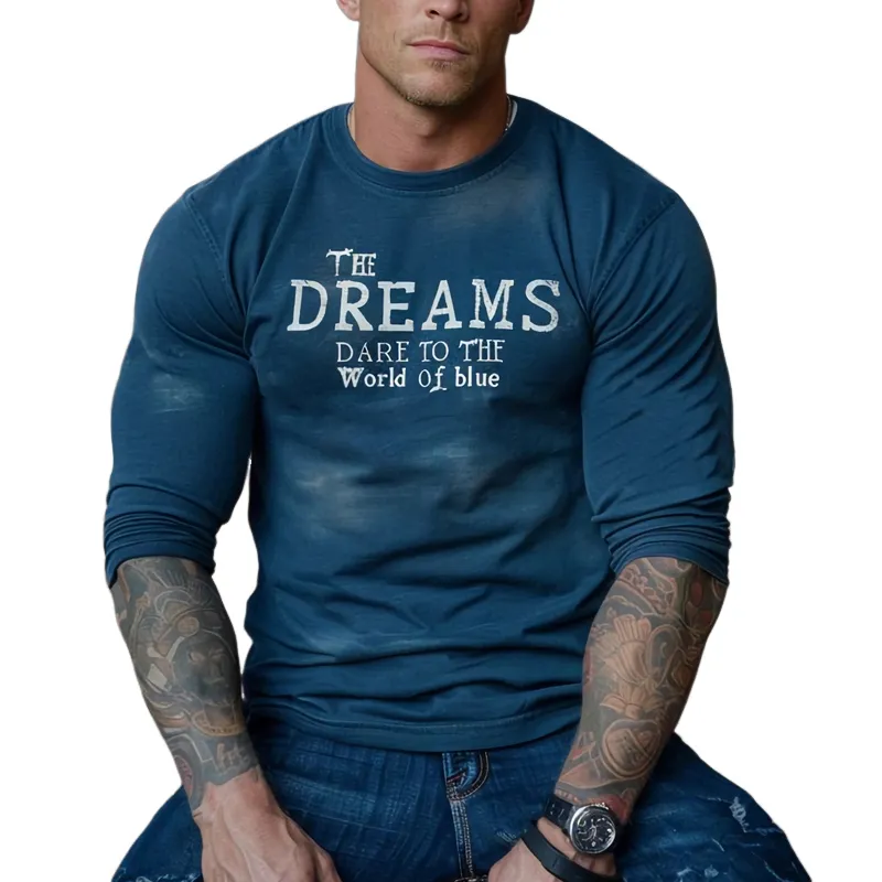 Men's Casual Skin-friendly Blue Retro Print Long-sleeved T-shirt 26642302U made by Manly
