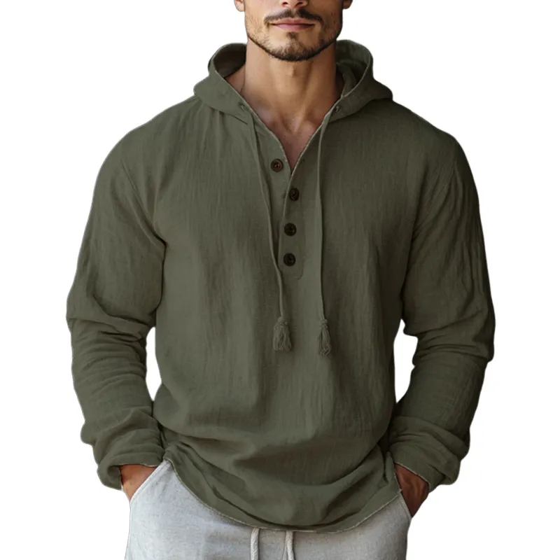 Men's Casual Loose Army Green Cotton and Linen Hoodie 13580310U sold by Manly