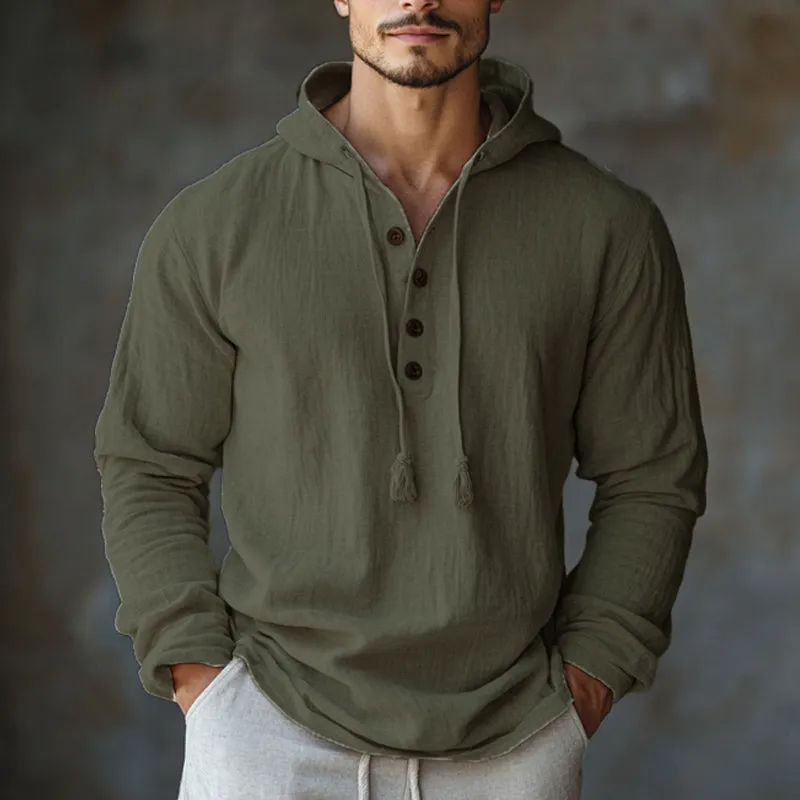 Men's Casual Loose Army Green Cotton and Linen Hoodie 13580310U sold by Manly product image thumbnail 3