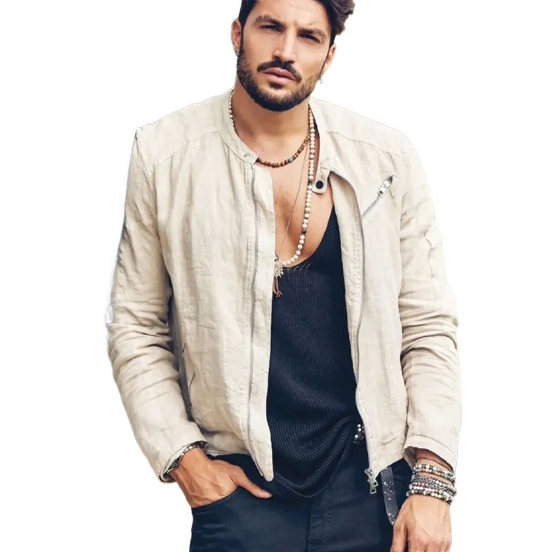 Men's Casual Cotton and Linen Zipper Snap Collar Jacket 76167241U sold by Manly product image thumbnail 3