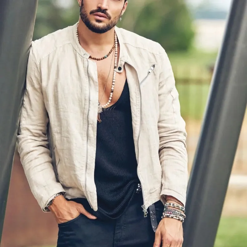 Men's Casual Cotton and Linen Zipper Snap Collar Jacket 76167241U sold by Manly product image thumbnail 2