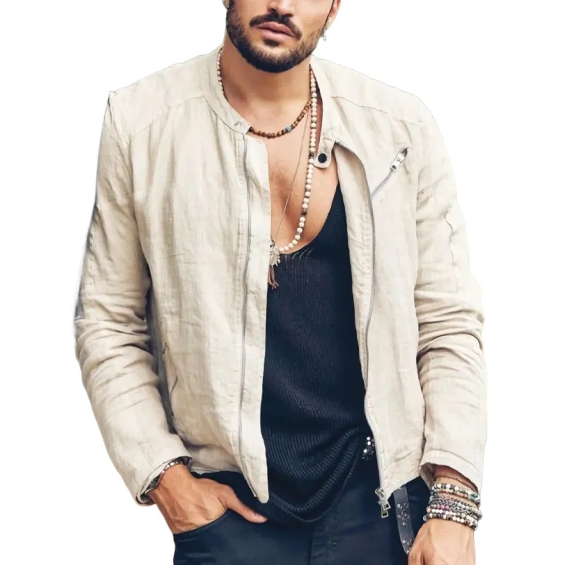 Men's Casual Cotton and Linen Zipper Snap Collar Jacket 76167241U sold by Manly