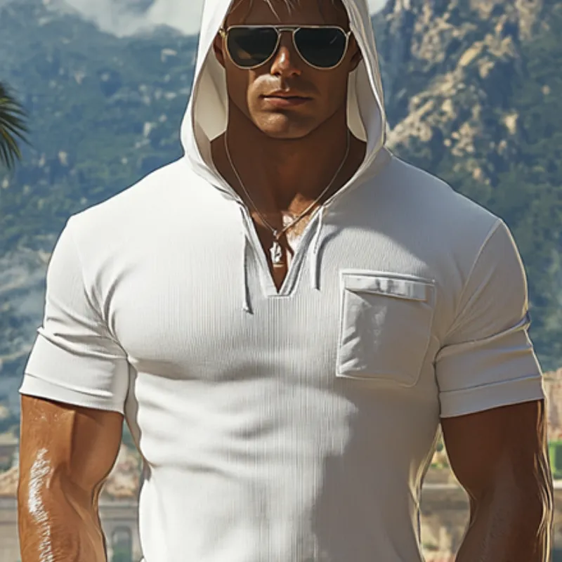 Men's Classic Casual Slim Fit V-Neck Solid Color Striped Hooded T-Shirt 21188839K sold by Manly product image thumbnail 4