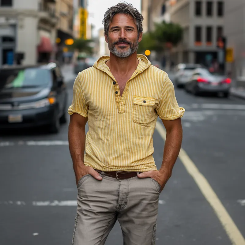 Men's Classic American Retro Vertical Striped Hooded Cotton T-shirt 49455191K sold by Manly product image thumbnail 2