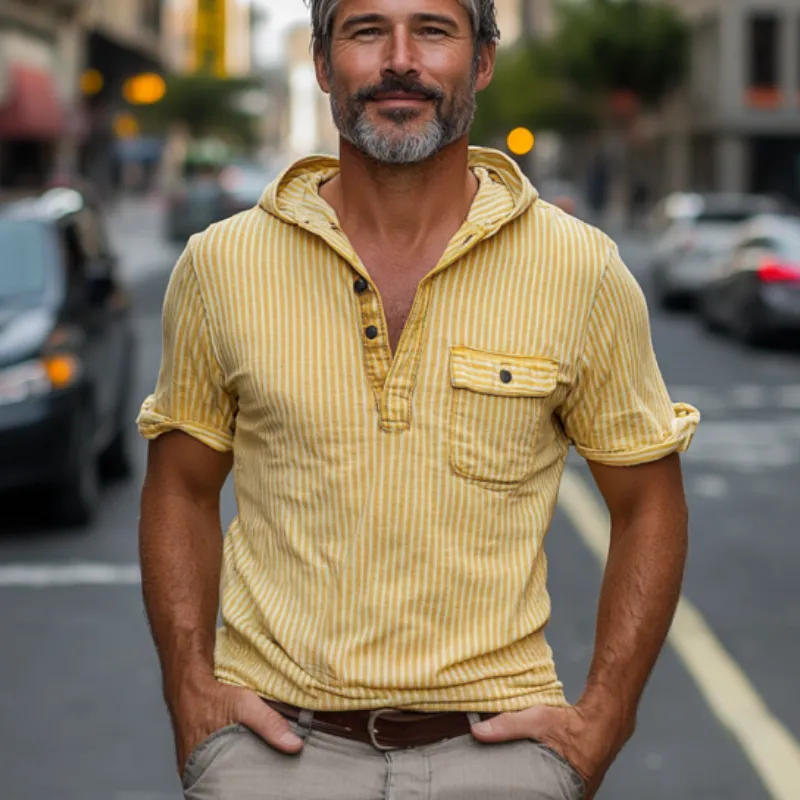 Men's Classic American Retro Vertical Striped Hooded Cotton T-shirt 49455191K sold by Manly product image thumbnail 3